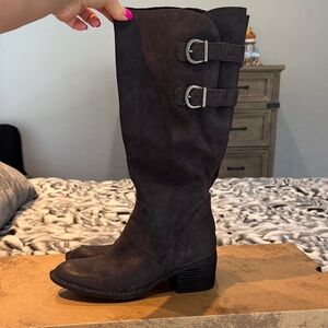 Born Dark Grey Suede Mid-Calf Boots with Buckle Straps